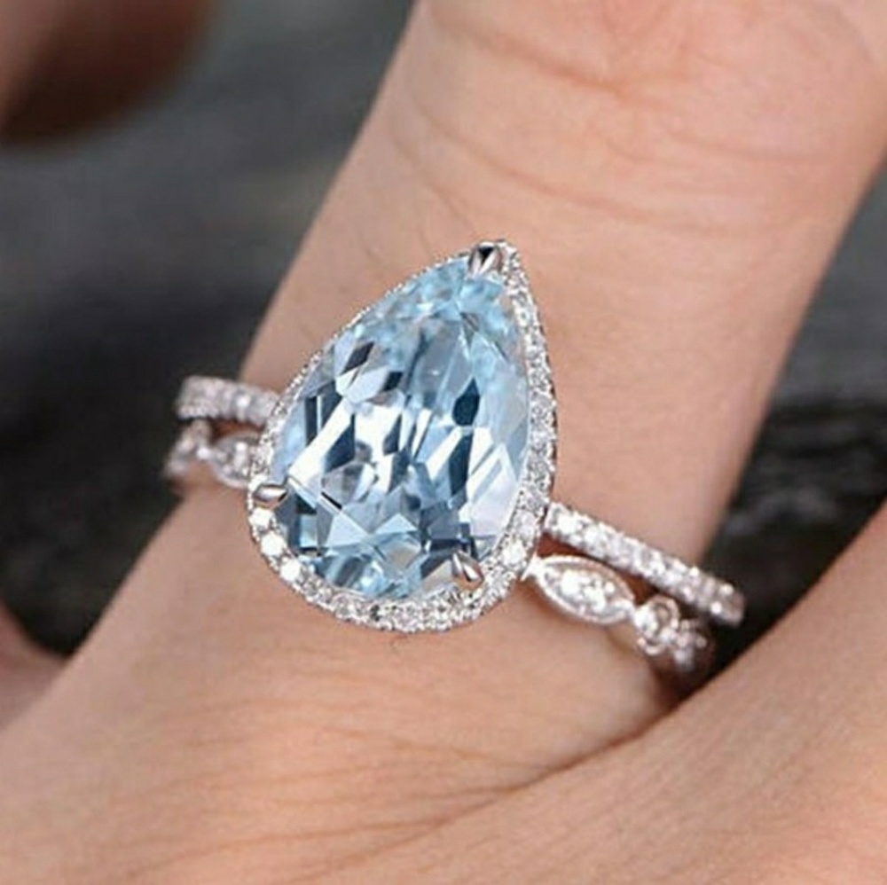 HP🌸Silver Blue Pear Halo Ring Set - Picture 2 of 3